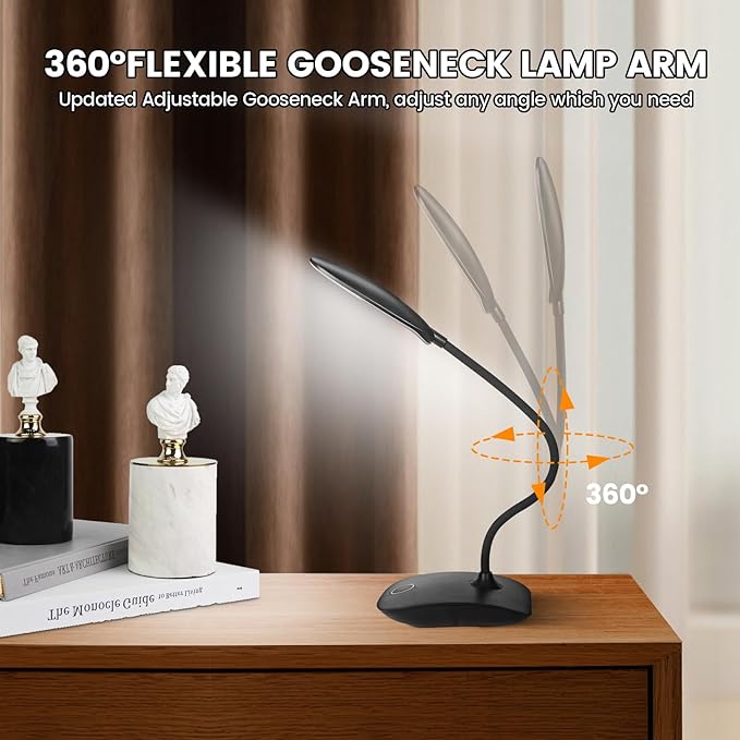 Battery Powered Desk Lamp, Portable Lamps Rechargeable 3 Color Modes Touch Control Stepless Dimming, Wireless Desk Lamp with 2000mAh, Small LED Table Light for Dorm Study Office Bedroom,Black - LeafyLoom