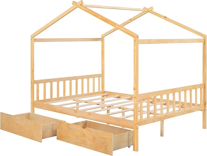 Full Bed Frame with Headboard and Footboard, Low House Bed/Full Bed Frame with Storage Drawer, Wood Bed Frame for Kids, Girls, Boys, Teens, Full Bed Frame Natural - LeafyLoom