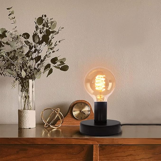 Industrial Table Lamp,Base E26/E27 Ceramic Base Holder, Vintage Small Desk Lamp with Plug in Cord On/Off Switch,Simple Metal Edison Light Bulb Stand (Black) - LeafyLoom