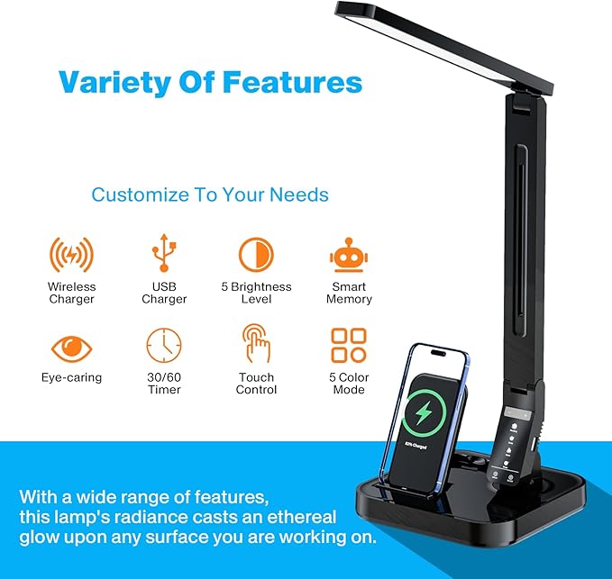 Ambertronix LED Desk Lamp, Patented Vertical Wireless Charger, 14W, 530 Lumens, Table Lamp with USB Charging Port, Dimmable Eye-Caring, 5 Brightness & 4 Light Modes, Touch Control, Auto Timer - LeafyLoom