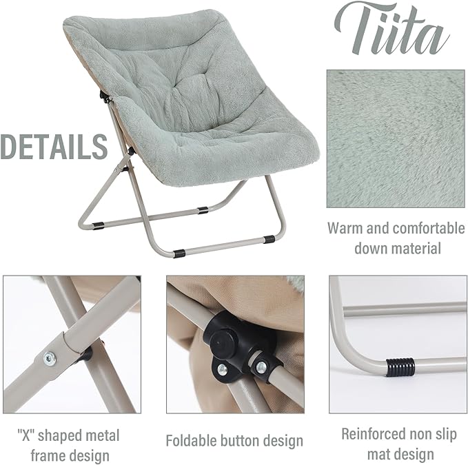 Tiita Comfy Saucer Chair, Soft Faux Fur Oversized Folding Accent Chair, Lounge Lazy Chair for Kids Teens Adults, Metal Frame Moon Chair for Bedroom, Living Room, Dorm Rooms - LeafyLoom