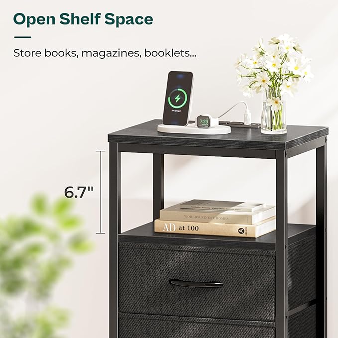 Night Stand with Charging Station, 4 Drawer Dresser for Bedroom, Bedside Table, 33.9 Inch Tall Nightstand with Open Shelf, End Table, for Closet, Entryway, Bedroom, Black - LeafyLoom