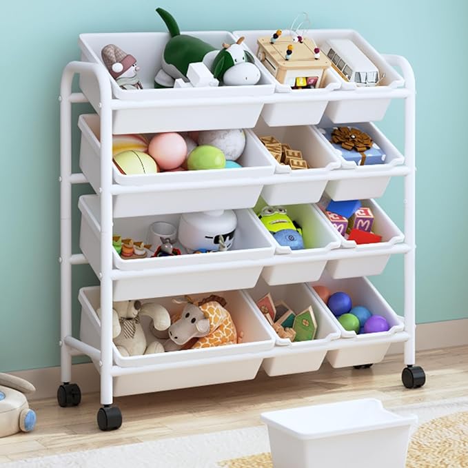 Kids Toy Storage Organizer with 12 Plastic Bins, 4-Tier Metal Toy Storage Rack, Metal Toy Organizer with Storage Bins for Kids Room, Playroom and Nursery, White - LeafyLoom