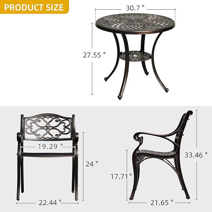 DWVO 5 Piece Outdoor Furniture Cast Aluminum Patio Dining Sets, All-Weather Patio Bistro Sets with 4 Chairs, 30 Inches Round Table with Umbrella Hole, Adjustable Feet for Balcony Backyard Deck Garden - LeafyLoom