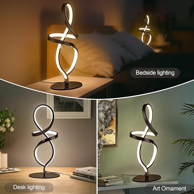 Modern Table Lamp, LED Spiral Lamp, Black Bedside Lamp with Stepless Dimming Switch, Contemporary Nightstand Lamp, LED Lamp for Bedroom Living Room Home Office, 12W, 3200K Warm White - LeafyLoom