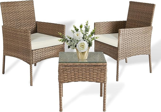 3 Pieces Patio Set Balcony Furniture Sets for Apartments.Bistro Furniture Set, Conversation Sets with Coffee Table, for Porch, Patio, Garden and Removable Cushions Beige - LeafyLoom