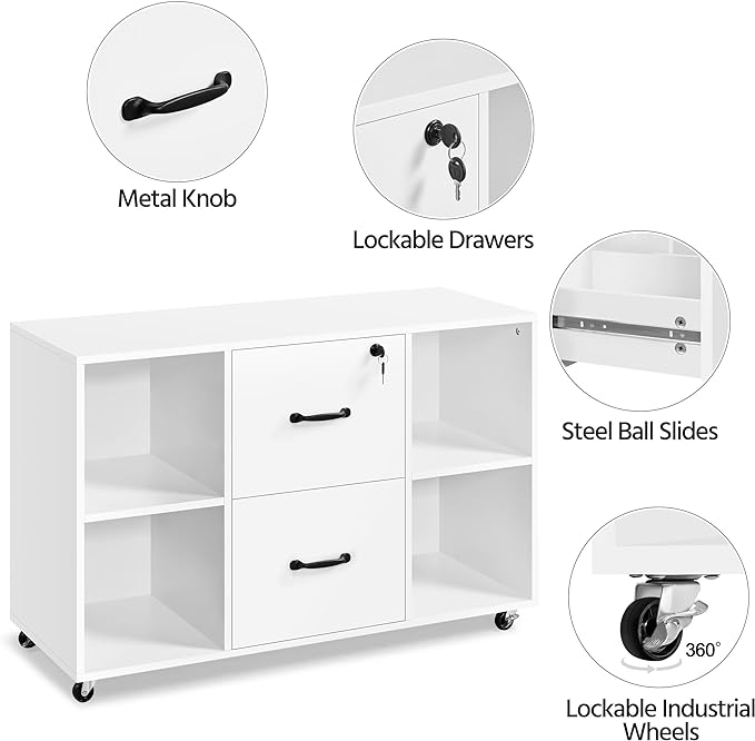 Yaheetech White File Cabinet Mobile Letter Size File Cabinet with 2 Drawers and 4 Open Storage Shelves Large Mobile Lateral Filing Cabinet Printer Stand for Home and Office - LeafyLoom