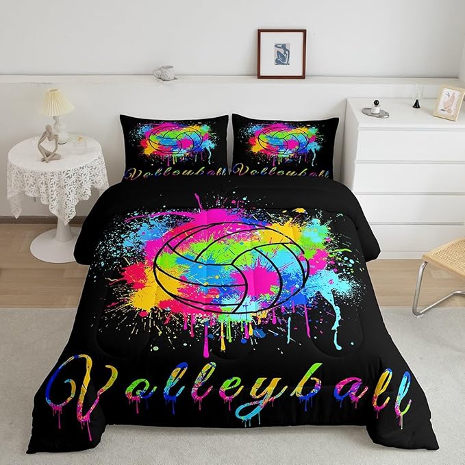 Feelyou Kids Volleyball Comforter Set King Size Sports Game Bedding Set for Boys Girls Teens Bedroom Decor Tie Dye Comforter Women Men Volleyball Player Duvet Set with 2 Pillow Case - LeafyLoom