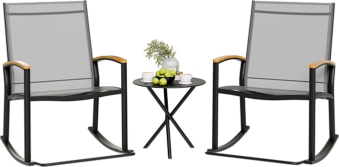 Shintenchi 3 Piece Outdoor Rocking Bistro Set, Textilene Fabric Small Patio Furniture Set, Front Porch Rocker Chairs Conversation Set with Table for Lawn, Garden, Balcony, Poolside (Light Gray) - LeafyLoom