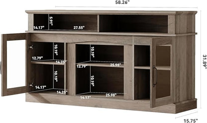 58 Inch TV Stand, Television Stands with 2 Tempered Glass Doors, Storage Cabinet and Shelves, Entertainment Center for Living Room, Barnwood - LeafyLoom