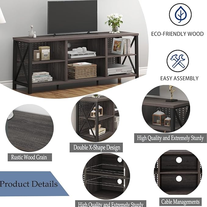 LVB TV Stand for 70 Inch TV, Rustic Industrial Entertainment Center, Large Television Stands for Living Bedroom, Long Wood Metal TV Table Stand with Media Console Cabinet Storage, Dark Gray Oak, 59 IN - LeafyLoom