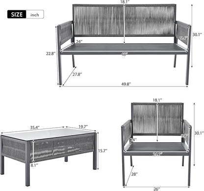 4-Piece Patio Conversation Furniture Set, Rope Weave Outdoor Loveseat Sofa with 2 Armchairs, Thick Cushion&Tempered Glass Table, for Garden Backyard, Onesize, Gray - LeafyLoom