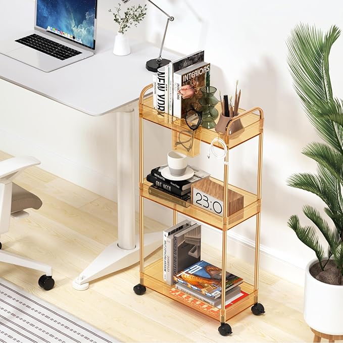 SPACEKEEPER 3 Tier Utility Storage Cart Rolling Bathroom Organizer, Transparency Mobile Shelving Unit Clear Rolling Utility Cart Multifunction, Amber - LeafyLoom