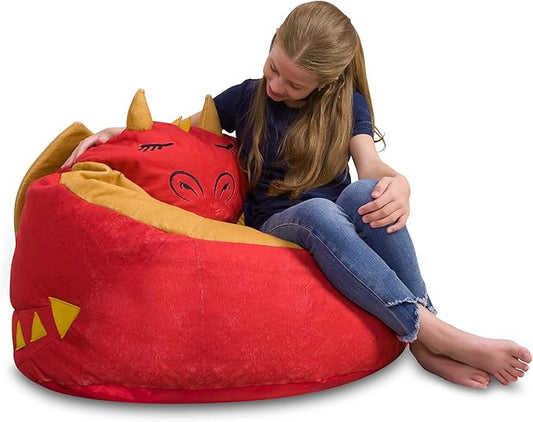 Posh Creations Cute Soft and Comfy Bean Bag Chair for Kids, Large, Animal - Red Dragon - LeafyLoom