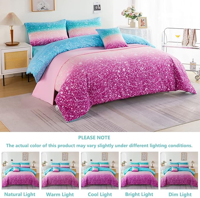 PERFEMET Queen Comforter Set with Sheets, 6 Pieces Tie Dye Rainbow Girls Bedding Set, Gradient Glitter Colorful Ombre Bed in A Bag (Aqua Teal Purple, Queen) - LeafyLoom