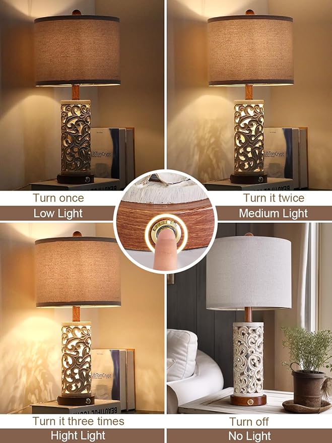 OYEARS 3-Way Dimmable 22'' USB A+C Touch Control Table Lamp Set of 2 with Nightlight for Living Room Bedroom Farmhouse Bedside Nightstand Lamps (Brown, Bulb Included) - LeafyLoom