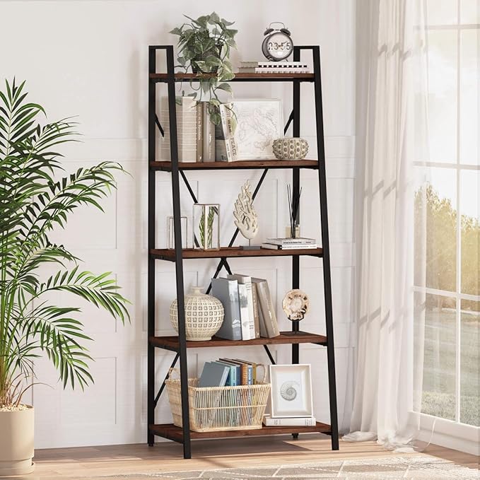 BON AUGURE Ladder Shelf Bookcase, 5-Tier Industrial Ladder Bookshelf, Tall Living Room Shelves, Wood and Metal Leaning Shelf for Home Office, Kitchen, Bedroom, Balcony (Rustic Oak) - LeafyLoom