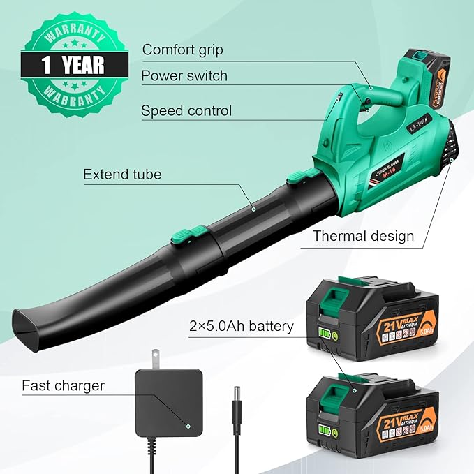 Leaf Blower - 320CFM 180MPH 21V Leaf Blower Cordless with 2 X 5.0 Ah Battery & Charger, Electric Leaf Blower Battery Powered Leaf Blower Lightweight for Snow Blowing & Lawn Care Yard Cleaning - LeafyLoom