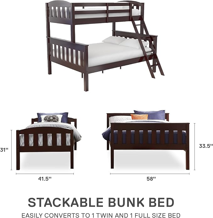 DHP Airlie Convertible Wood Bunk Bed, Stackable and Detachable Bed Frames for Kids and Teens, with Angled Ladder, High Guardrail, Wood Slats, No Boxspring Required, Twin-Over-Full, Espresso - LeafyLoom