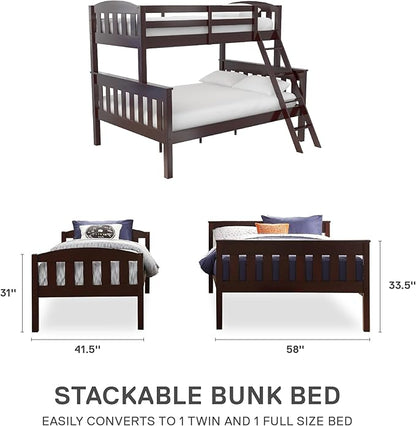 DHP Airlie Convertible Wood Bunk Bed, Stackable and Detachable Bed Frames for Kids and Teens, with Angled Ladder, High Guardrail, Wood Slats, No Boxspring Required, Twin-Over-Full, Espresso - LeafyLoom