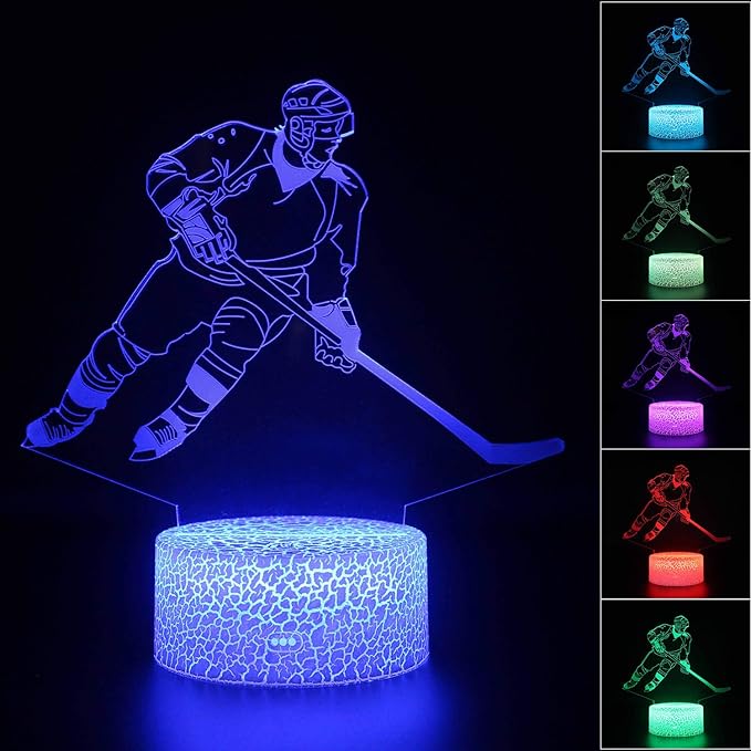 Teenager christmas gifts xmas gift 3D Illusion Hockey Night Light Lamp 16 Color Change Touch White Crack Base with Remote Control Birthday Gift for Boys and Girls Hockey lover - LeafyLoom