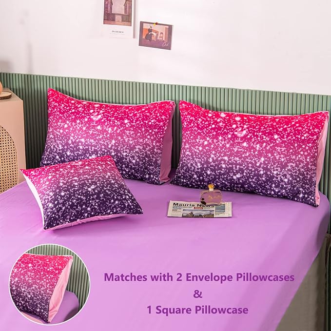 PERFEMET Purple Glitter Comforter Set Twin Size 6 Pieces Bed in A Bag for Teen Girls 3D Colorful Rainbow Bedding Comforter Sheet Set Ultra Soft Galaxy Quilted Duvet - LeafyLoom