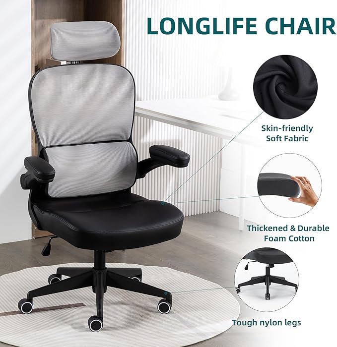 Home Office Chair High Back Computer Desk Chair Ergonomic Task Chair Executive Chair with Lumbar Support Recliner Chair with Adjustable Headrest,Flip-up Armrests (Gray with Nylon Base) - LeafyLoom