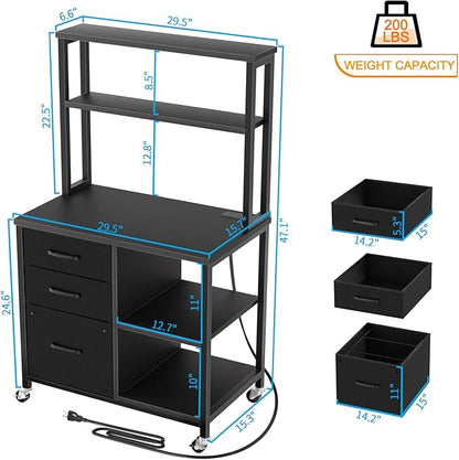 File Cabinet with Drawers and Shelves,Mobile Printer Stand with Storage,Black Filing Cabinet with Wheels for Home Office - LeafyLoom