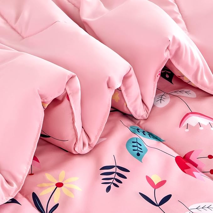 SLEEP ZONE Kids Bedding Comforter Set Full/Queen Size - Super Cute & Soft Kids Bedding 7 Pieces Set with Comforter, Sheet, Pillowcase & Sham (Pink Flower) - LeafyLoom