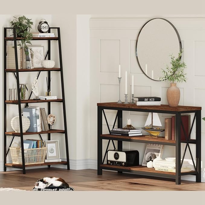 BON AUGURE Ladder Shelf Bookcase, 5-Tier Industrial Ladder Bookshelf, Tall Living Room Shelves, Wood and Metal Leaning Shelf for Home Office, Kitchen, Bedroom, Balcony (Rustic Oak) - LeafyLoom