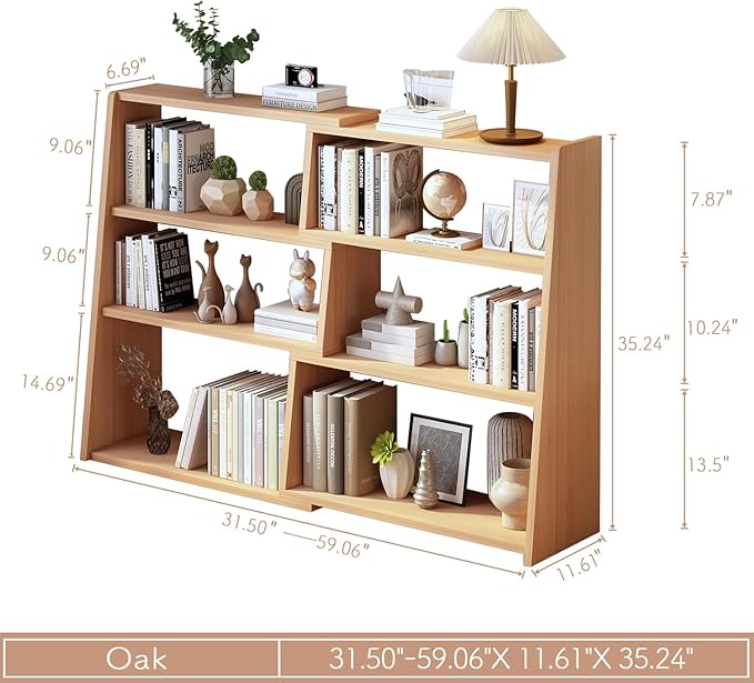 IOTXY Wooden Extendable Shelf Bookcase - 3-Tier Ladder Low Short Bookshelf for Small Space or Corner, Oak, L - LeafyLoom