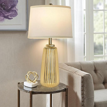 Ceramic Table Lamps Set of 2, 25Inch Modern Gold Table Lamps for Bedroom Living Room with 3 Color Temperature - 3000K/4000K/6000K, Coastal Lamps for Nightstand Bedside with 2 LED Bulbs, 9W - LeafyLoom