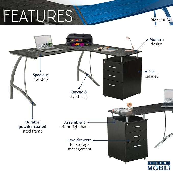 Techni Mobili Modern Computer File Cabinet and Storage L-Shaped Desk, Espresso - LeafyLoom