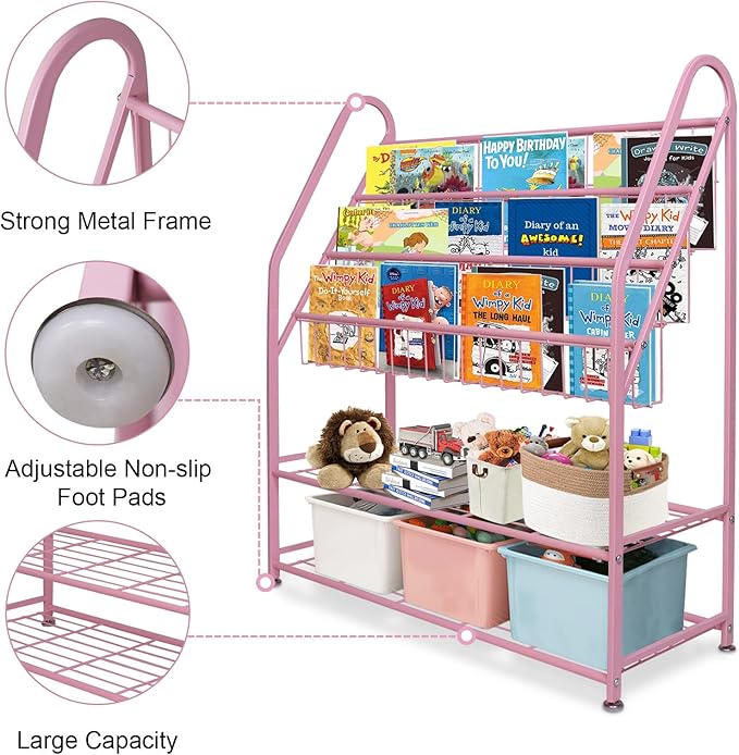 aboxoo Metal Kids Bookshelf Pink Bookcase Freestanding for Children Girls Room 32 inches Large Toddler Pink Stable Bookcase Bookstore Library Book Unit Storage - LeafyLoom