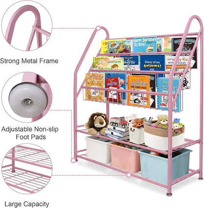 aboxoo Metal Kids Bookshelf Pink Bookcase Freestanding for Children Girls Room 32 inches Large Toddler Pink Stable Bookcase Bookstore Library Book Unit Storage - LeafyLoom