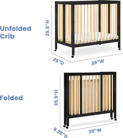 Delta Children Mia Portable Folding Mini Crib with 1.5-Inch Mattress - Greenguard Gold Certified, Ebony Black/Natural - LeafyLoom