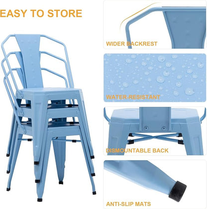 Modern Dining Chair Set of 4, Stackable Metal Chairs, Waterproof Counter Bar Chairs with High Backrest, Quick Assembly Cafe Chairs, Tolix Style for Home, Kitchen and Bar Use, Blue - LeafyLoom