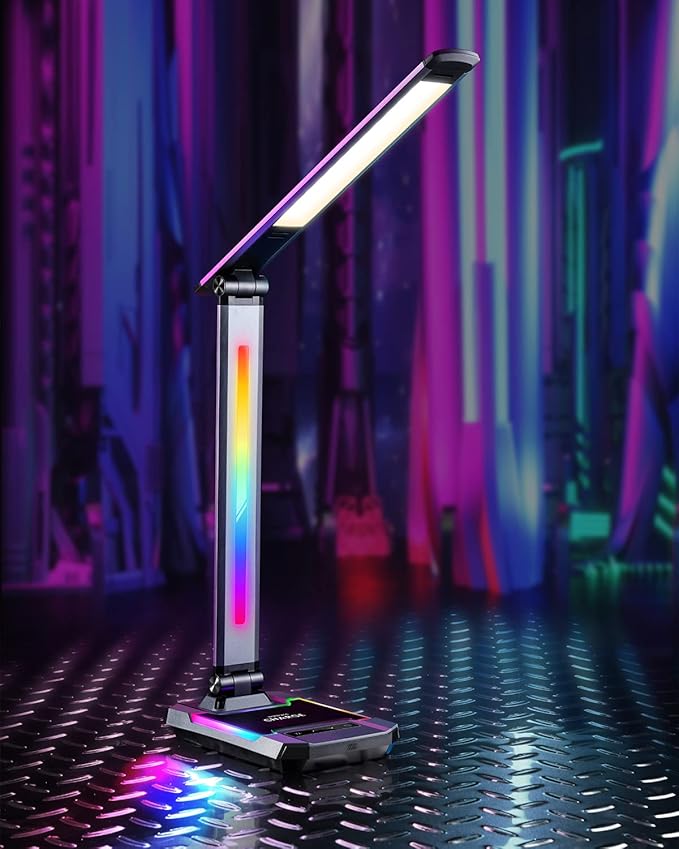 WILIT LED RGB Gaming Desk Lamp, Voice Activated Changing Colors Rhythm Light with Wireless Charger and USB Charging Port, Colorful Ambient Light Touch Table Lamp for Gaming, PC, Room Decoration - LeafyLoom