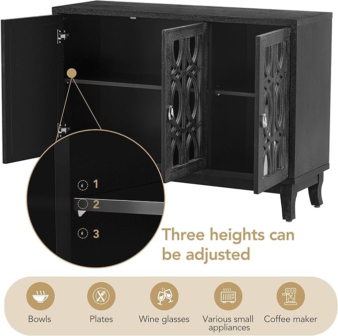 Multifunctional Sideboard with Glass, Vintage 3 Door Mirrored Buffet Cabinet,W/Silver Handle,Easy to Assemble,Console Table for Living Room Hallway Entryway,Black, 47.2" - LeafyLoom