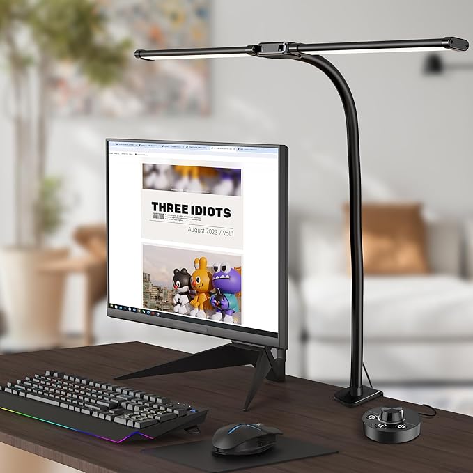 Desk Lamps for Home Office, 24W Ultra Bright Double Head Architect Task Lamp with Clamp, Desktop Stepless Dimmer 50 Lighting Modes Adjustable Flexible Gooseneck Table Light, Black, DH24W - LeafyLoom