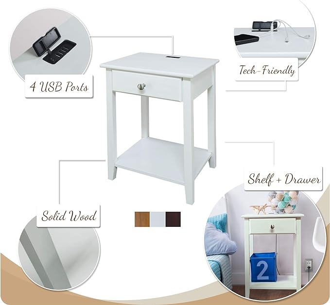 Casual Home Owl White Night Stand with USB Port , 17.5 in x 14.25 in x 24.5 in (W x L x H) - LeafyLoom