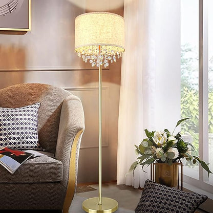 DLLT LED Floor Lamp for Living Room, Crystal Elegant Reading Standing Light for Kids Bedroom, Suit Mid Century, Modern & Farmhouse Rooms, Tall Pole with Fabric Drum Shade, Brass, E26 Warm Light - LeafyLoom