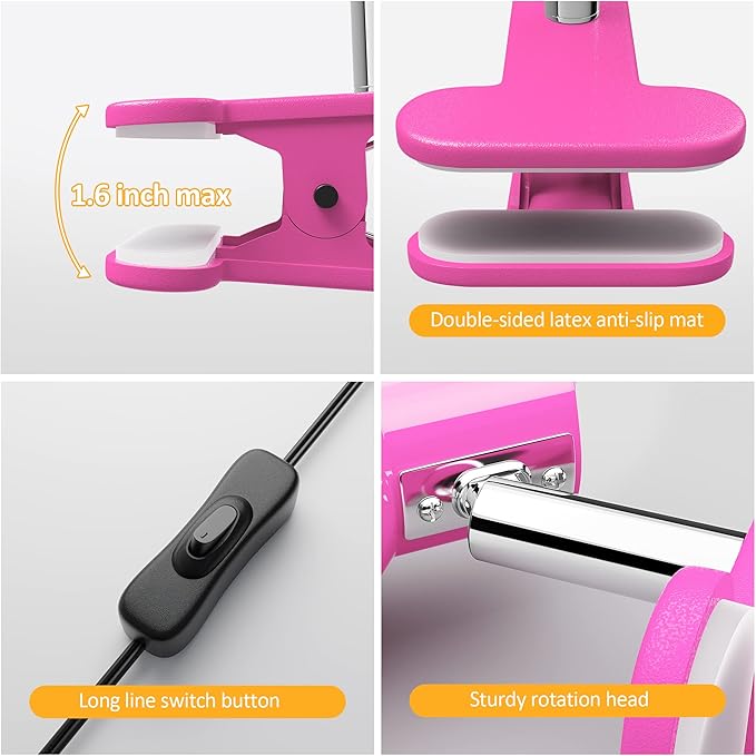 LED Clip on lamp,5W Super Bright Reading Light, 330° Rotation Small Lamp with Clamp on Desk/Table/Bed Headboard/Cupboard Home Lighting, Modern and Save Space Illumination Powerful Lamp Pink - LeafyLoom