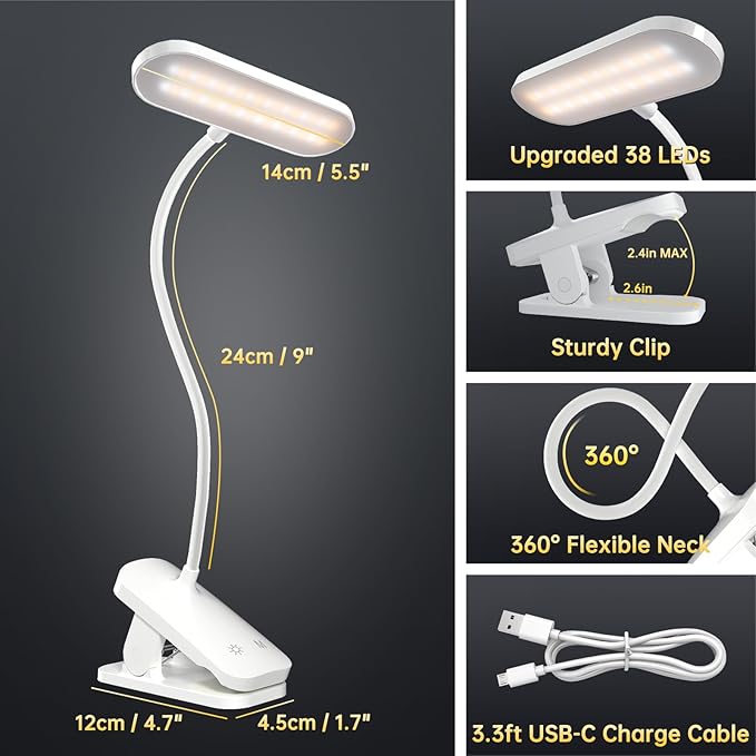 Desk Lamp Battery Operated, Clip on USB Rechargeable Reading Light for Headboard with Large Clamp, 25 Models Adjustable Cordless Touch Light for Bed Frame Bunk Dorm Table Bedside (White) - LeafyLoom