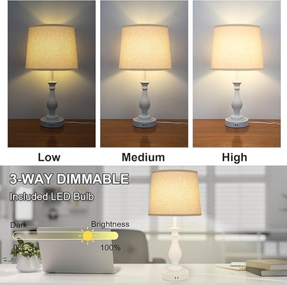 Farmhouse Table Lamp Touch Control 3-Way Dimmable Table Lamp, Modern Nightstand Lamp with 2 USB Port Bedside Desk Lamp with Fabric Shade for Living Room Bedroom Hotel (Pack-01 White) - LeafyLoom