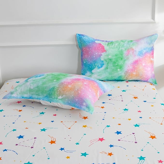 A Nice Night Galaxy 6pcs Kids Bed in a Bag Outer Space Comforter 3D Printed Space Quilt Set Glitter Pink Green Color,for Children Boy Girl Teen Kids,Queen - LeafyLoom