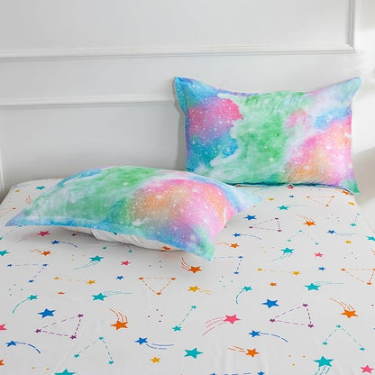 A Nice Night Galaxy 6pcs Kids Bed in a Bag Outer Space Comforter 3D Printed Space Quilt Set Glitter Pink Green Color,for Children Boy Girl Teen Kids,Twin - LeafyLoom