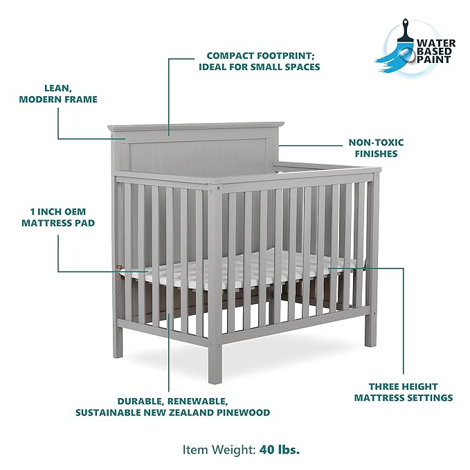 Ava 4-in-1 Convertible Mini Crib in Pebble Grey, 635-PG, Greenguard Gold Certified, Non-Toxic Finish, Comes with 1" Mattress Pad, with 3 Mattress Height Settings - LeafyLoom