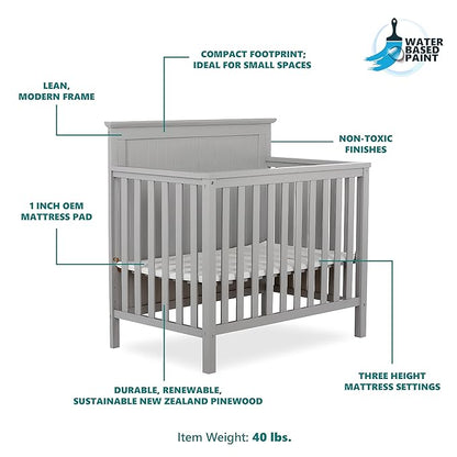 Ava 4-in-1 Convertible Mini Crib in Pebble Grey, 635-PG, Greenguard Gold Certified, Non-Toxic Finish, Comes with 1" Mattress Pad, with 3 Mattress Height Settings - LeafyLoom