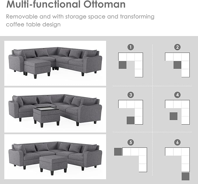 Modern Sectional Sofa with pillows, coffee table,6-Seat Couch Set w/Storage Ottoman,Various Combinations,L-Shape Indoor Furniture with Unique Armrests for Living Room,Apartment, Ushaped Gray - LeafyLoom